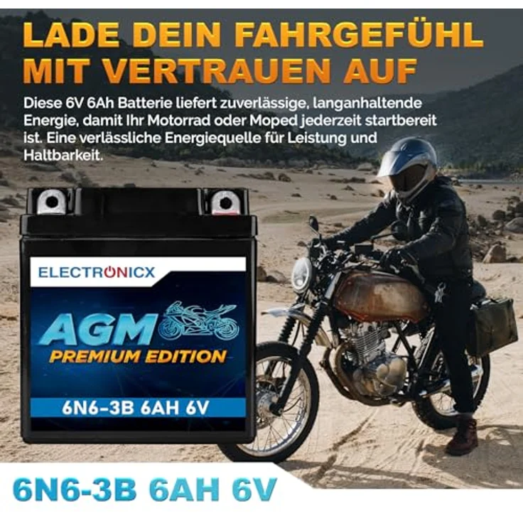Electronicx AGM-6N6-3B AGM Motorradbatterie 6Ah 6V, wartungsfrei, auslaufsicher, rüttelfest für Motorrad, Roller, Quad und Jetski – Bild 2
