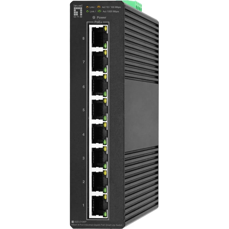 LevelOne IGS-2108P, 8-Port Gigabit PoE Smart-Lite Switch mit DIN-Schienenmontage, schwarz