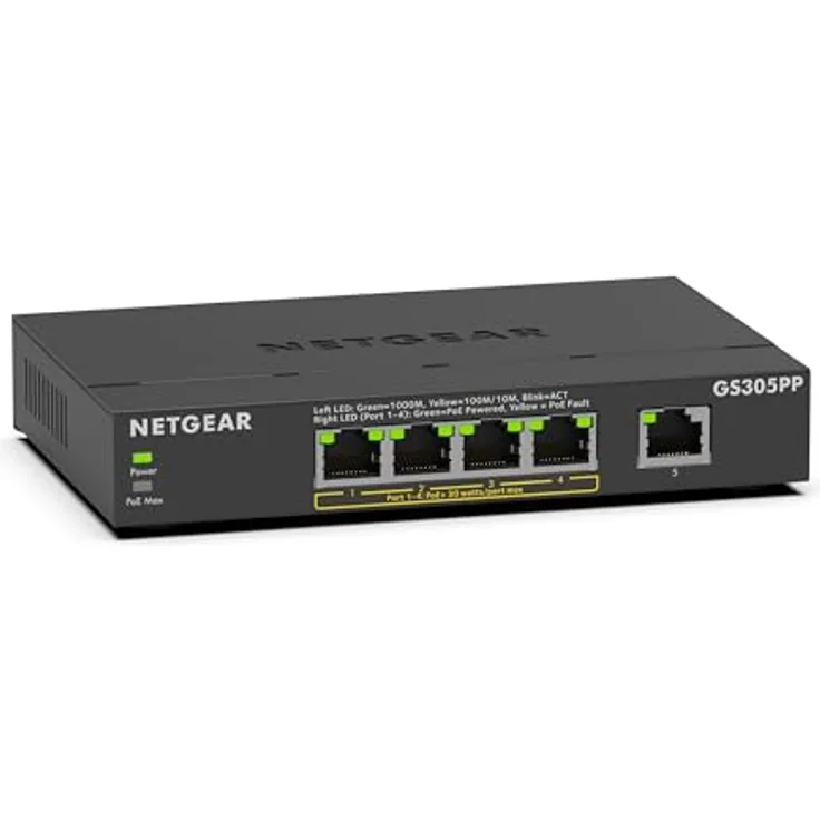 NETGEAR 5-Port Gigabit Ethernet Unmanaged PoE+ Switch (GS305PP): 4 PoE+ bei 83 W, Desktop- oder Wandbefestigung