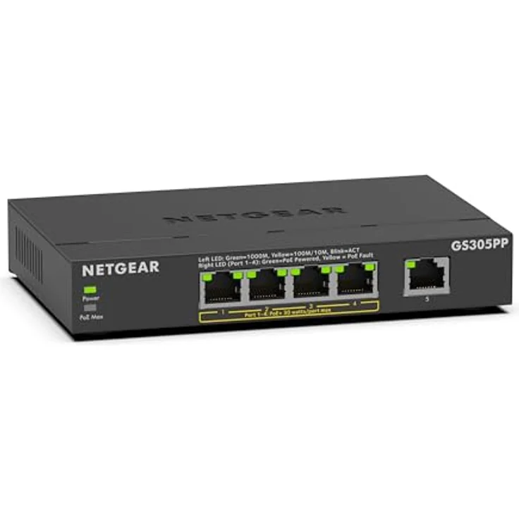 NETGEAR 5-Port Gigabit Ethernet Unmanaged PoE+ Switch (GS305PP): 4 PoE+ bei 83 W, Desktop- oder Wandbefestigung – Bild 1