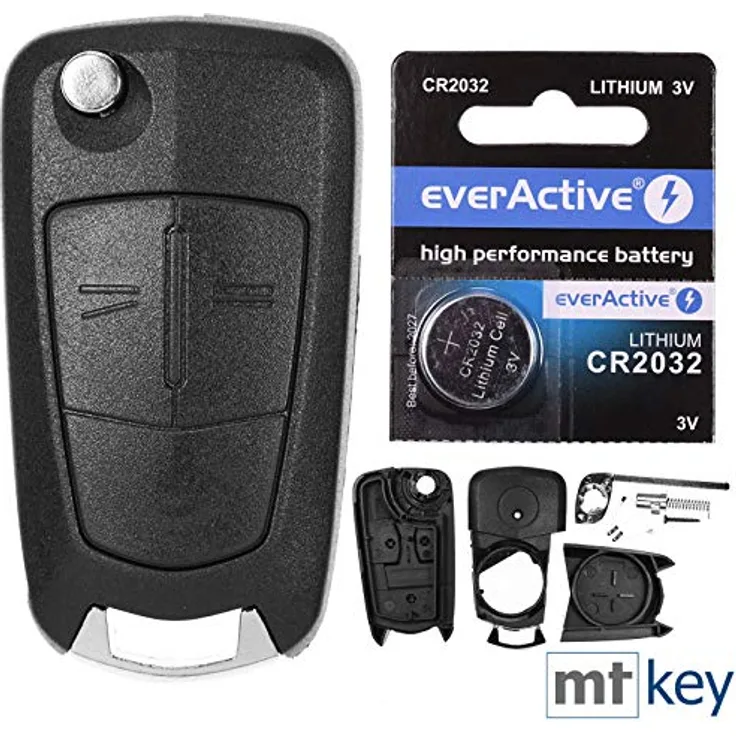 mt-key Klappschlüssel für Opel, 2 Tasten Funk-Fernbedienung mit CR2032 Knopfzelle, passend für Corsa D, Antara, Zafira B, Astra H, Tigra