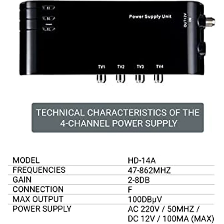 HD-LINE KIT4/1 Vorverstärker 4/1 TV Verstärker + Netzteil 4 TV-Ausgänge, für terrestrische Antenne TNT schwarz – Bild 4
