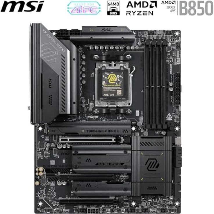 MSI MAG B850 TOMAHAWK MAX WIFI II, Mainboard für AMD AM5 mit DDR5, Wi-Fi 7 und 256 GB RAM-Unterstützung, schwarz – Bild 2