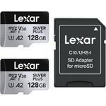 Lexar Silver Plus Micro SD Karte 128GB 2-Pack, Bis zu 205 MB/s Lesegeschwindigkeit, 150MB/s Schreibgeschwindigkeit, UHS-I, A2, U3, V30, Klasse 10, 4K UHD microSDXC