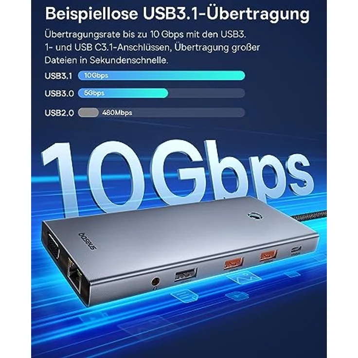 Baseus USB C Docking Station 3 Monitore, 13-in-1 USB C Hub mit 2 HDMI 4K@60Hz, DisplayPort 4K@120Hz, VGA, USB 3.1 10 Gbps Datenübertragung, PD 100W und Ethernet für Dell/HP/Lenovo/Surface Laptop in Silber – Bild 5