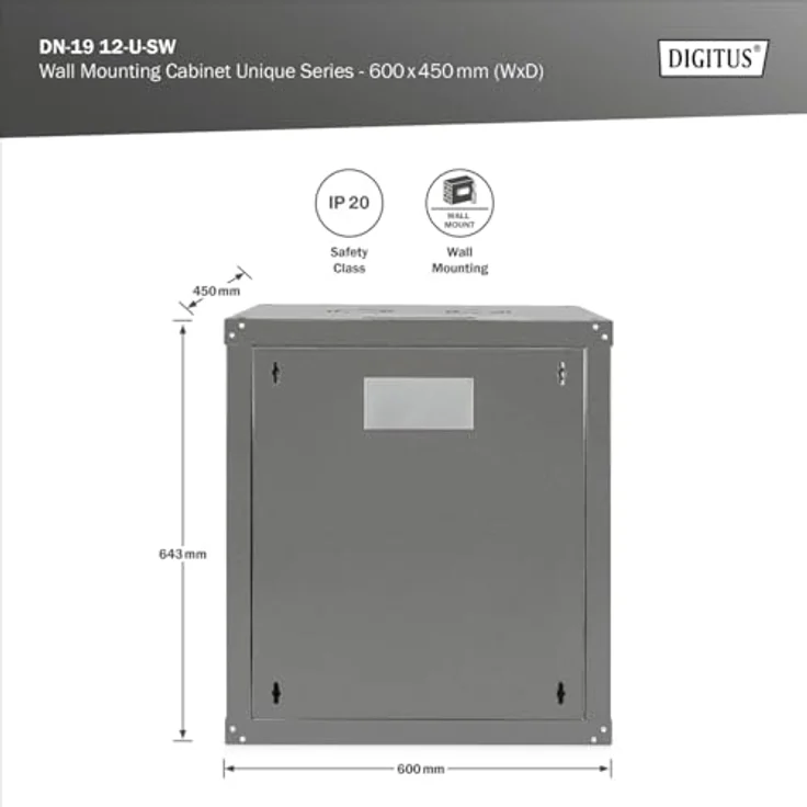 DIGITUS Netzwerk-Schrank 19 zoll 12 HE - Wandmontage - 450 mm Tiefe - Traglast 100 kg - Unique Serie - Glastür - Schwarz – Bild 3