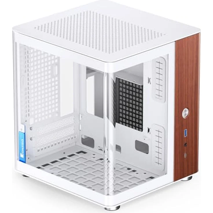 Jonsbo TK-0 Mini ITX Case weiß - ITX Gehäuse mit Tempered Glass, Mini PC Gehäuse Holz, SFF Case für Grafikkarten bis 230mm, USB C am Frontpanel, 90 Grad Drehbarkeit – Bild 1