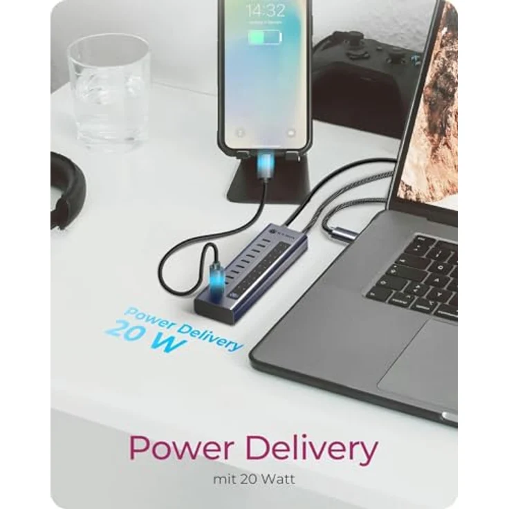 ICY Box IB-HUB1450-C31, 10-Port USB-C Hub mit 9x USB 3.2 Gen 2 (10 Gbit/s), 1x USB-C Power Delivery 20 W, Aluminiumgehäuse, 60 cm Kabel, inkl. Netzadapter – Bild 4