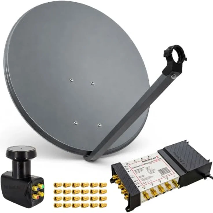 PremiumX PXS80, 80 cm Satellitenantenne mit 5/8 Multischalter und 24 F-Steckern, Anthrazit, HDTV und 3D TV tauglich – Bild 1