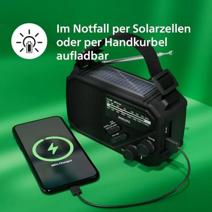Philips TAR1609 FM/AM-Kofferradio mit internem aufladbarem Akku, AAA-Batterie und Kurbel, Solarzelle, integrierte LED-Leuchte und Taschenlampe - Schwarz – Bild 4