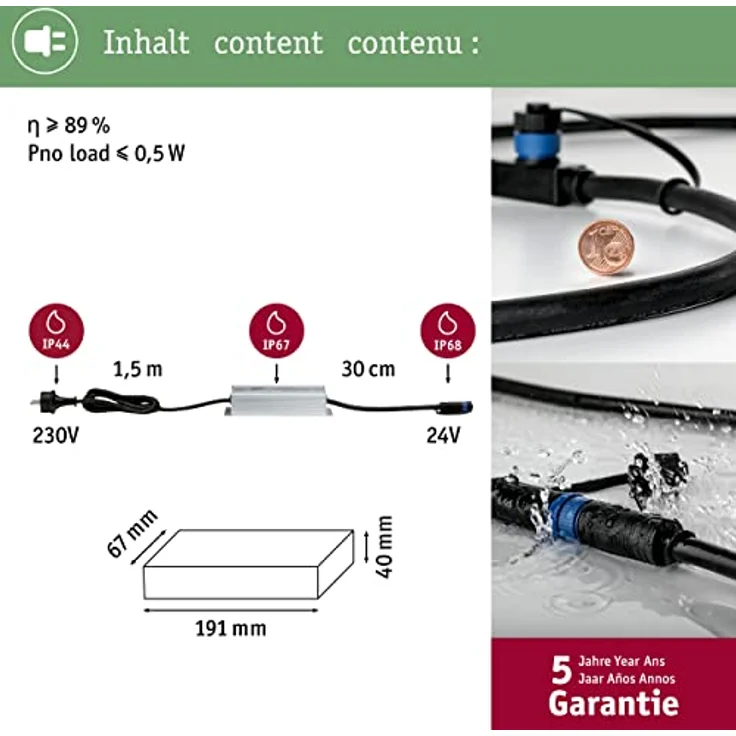 Paulmann 988.50 Outdoor Plug & Shine Power Supply IP44 230/24V DC 150W 98850 Trafo Transformator Aussenleuchten, 22.3 x 7 x 4 cm – Bild 4