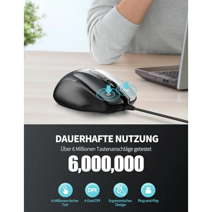 TECKNET MAUS mit Kabel, 6 Tasten, 6400 DPI, Ergonomische Optical Maus für PC und Laptop, USB-Kabel 150 cm, Grau – Bild 4