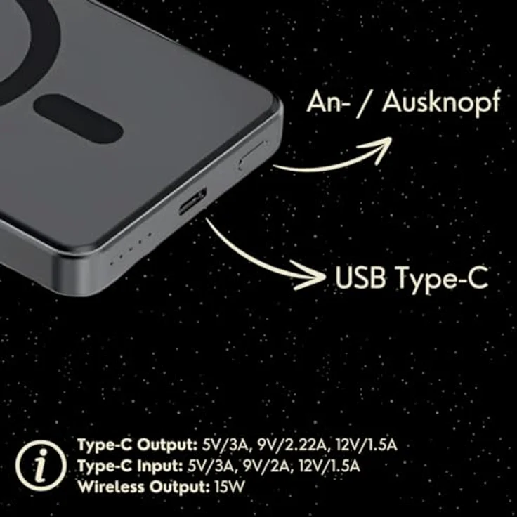 S&T Design Magnetisch Powerbank Magsafe kompatibel Kabellos Powerbank Externer Akku PB 10000 mAh, für iPhone Grau Wireless LED Anzeige Schnellladefunktion – Bild 7