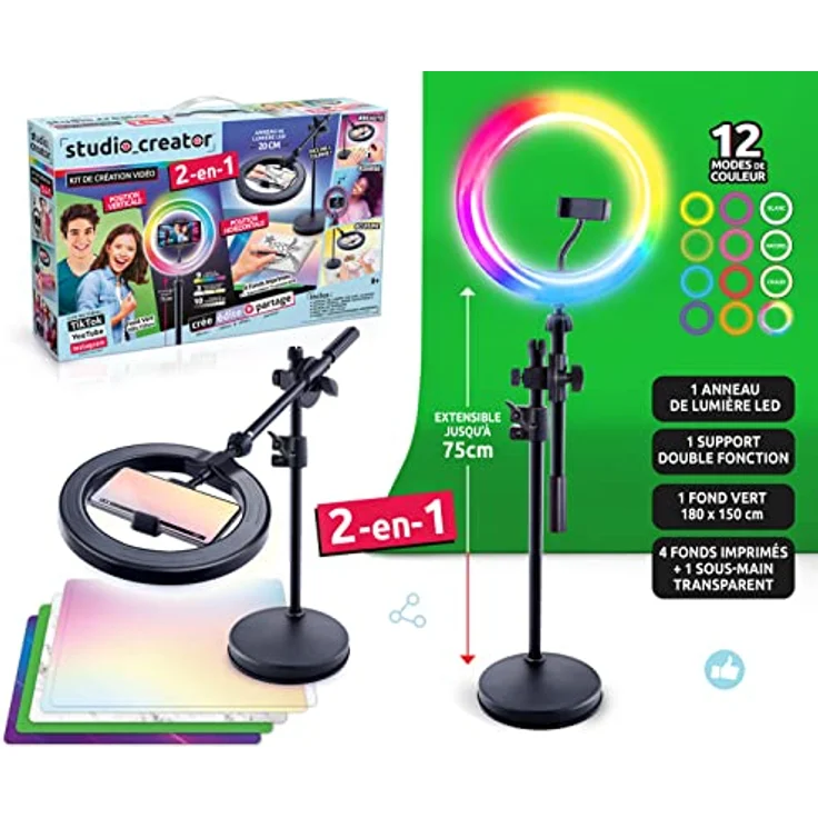 Canal Toys Creator-Studio 2-in-1 Videoleuchte, mehrfarbiger LED-Ring mit 12 Modi, verstellbares Stativ, inklusive Hintergründe und Schreibtischunterlage, INF 027 – Bild 2