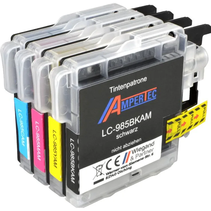 Ampertec Druckerpatrone für Brother LC-985, 4 Kompatible Tinten Multipack KCMY (M, C, Y, BK), Hergestellt in Deutschland, 4 x 12 ml