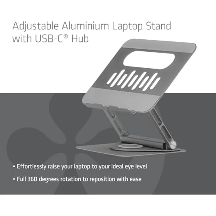 Club3D CSV-2554, Verstellbarer Aluminium-Laptop-Ständer mit USB-C® Hub und 360° Drehung, silber – Bild 3
