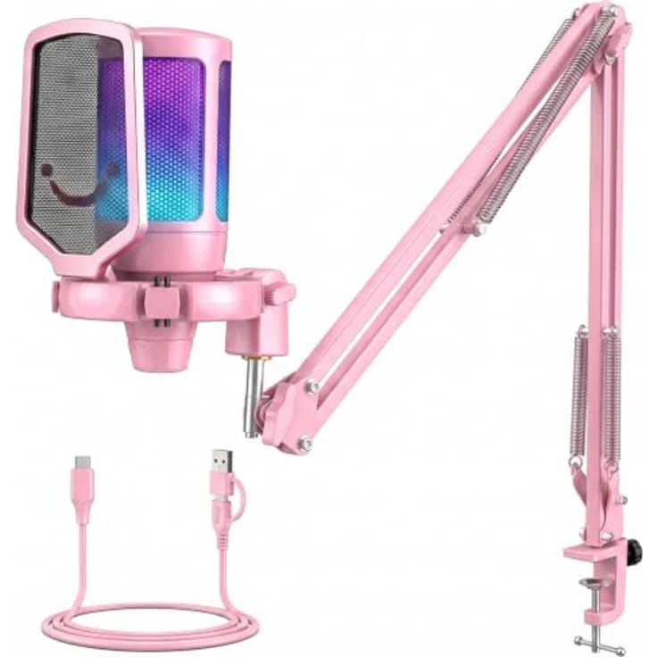 FIFINE Gaming Mikrofon Typ A/C USB mit Arm, RGB-Beleuchtung, Stummschalttaste, Popfilter und Shock Mount für PC, MAC, PS4, PS5 – Bild 1