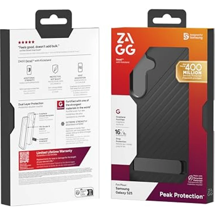 ZAGG Denali KS Graphen verstärkte Hülle mit Aufsteller für Samsung Galaxy S25 [6.2-Inch], Zwei-Schichten-Schutz, 5m Fallschutz, sicherer Griff, Wärmeableitung, schwarz – Bild 5