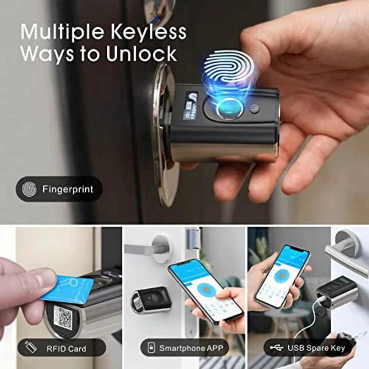 WELOCK Türschloss Fingerabdruck, Fingerabdruck Schloss Haustür, Türschloss Haustür mit App und RFID-Karte, Elektronische Türschloss Einstellbare Länge für 50-100mm Tür – Bild 2