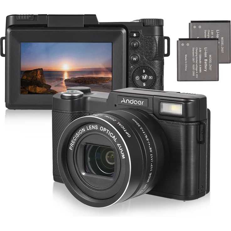 Andoer CD-R5, 4K Digitalkamera mit 48 MP, 3.0 Zoll IPS Faltbildschirm, 5-fach optischem und 8-fach digitalem Zoom, Autofokus, 2 Akkus und Schultergurt für Vlogging und Fotografie