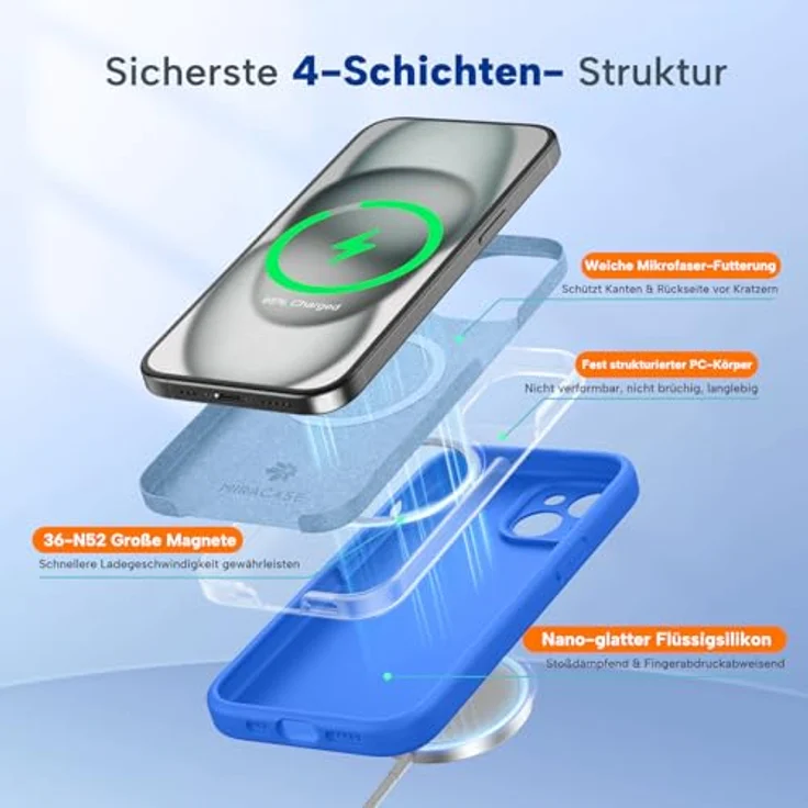 miracase iPhone 15 Hülle mit MagSafe, stoßfest, kratzfestes Mikrofaser-Innenfutter, Flüssigsilikon, Mittelmeerblau – Bild 3
