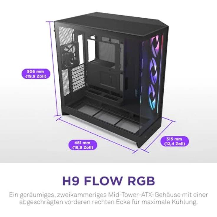 NZXT H9 Flow RGB (2025), Dual-Kammer ATX Mid-Tower PC-Gehäuse mit 1 x 420mm RGB-Lüftereinheit, 1 x 120mm Lüfter, 420mm Radiatorunterstützung, gehärtetem Glas, Schwarz – Bild 2