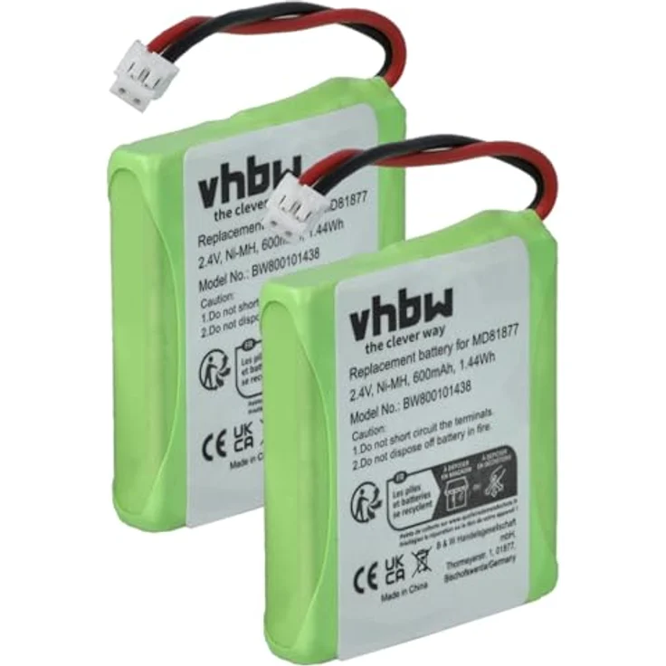 vhbw 2x NiMH Akku Set 600mAh (2.4V) für schnurlos Festnetz Telefon Medion Life S63006, S63008, S63022, Slim 500, X680 wie 5M702BMX, GP0827, GPHP70-R05 – Bild 2