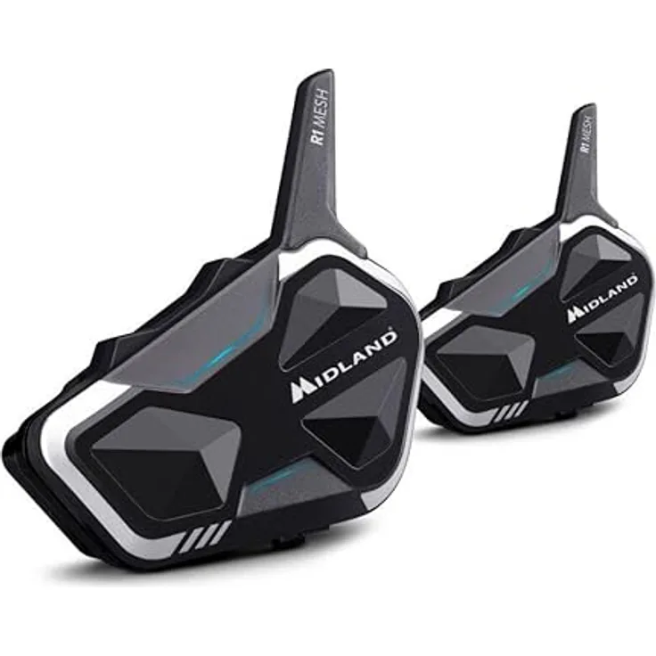 Midland C1585.01, Motorradintercom mit MESH- und Bluetooth-Technologie, wasserdicht IPX6, Reichweite 2000 m, 23 h Akkulaufzeit, Schwarz, Weiß