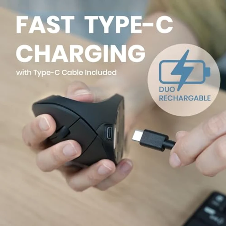 Perixx PERIMICE-713R, Kabellose wiederaufladbare vertikale Maus für Rechtshänder, 6 Tasten, schwarz, Duo-Wired und Wireless Charging Feature – Bild 3