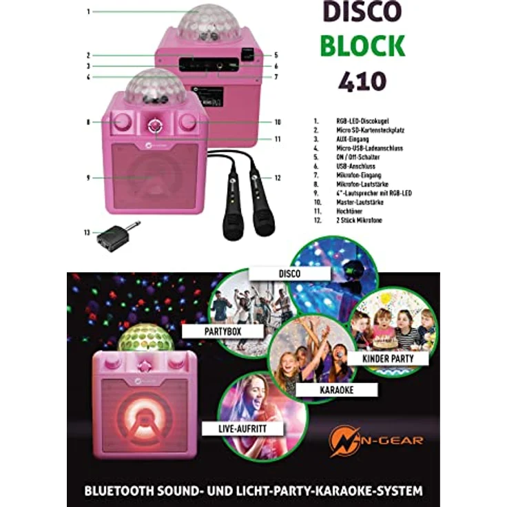 N-Gear DISCO410 Karaoke & Party Bluetooth Lautsprecher mit Discokugel, Mikrofon und Power Bank Funktion, Pink – Bild 3