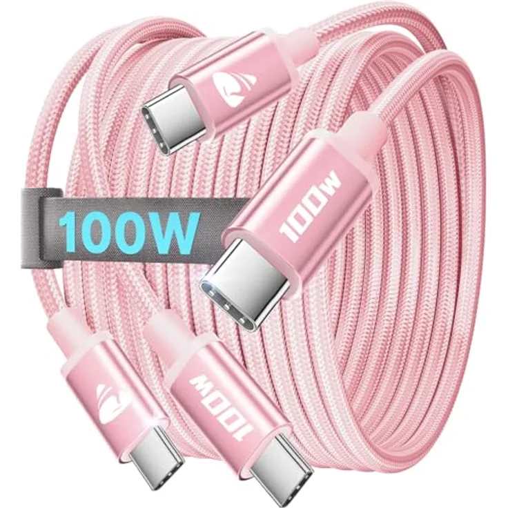 Aioneus USB C Kabel 100W, 2 Stück 2M Schnellladekabel USB C auf USB C mit 5A PD 4.0, kompatibel mit iPhone 16 Pro Max, Samsung S24, iPad Pro, Rosa