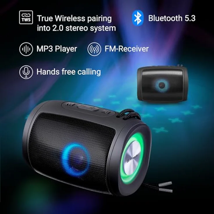 Defender Enjoy S200, Tragbarer 5W Bluetooth Lautsprecher mit TWS, LED-Licht, FM-Radio, USB, MicroSD, Mikrofon und 10h Akku – Kabelloser Mini Speaker mit Griff – Bild 3