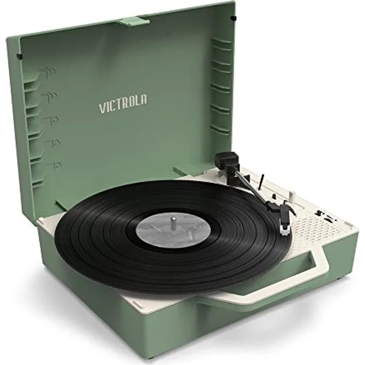Victrola Re-Spin nachhaltiger Kofferplattenspieler mit Vinyl-Streaming an Bluetooth-Lautsprecher | Aus 25% recyceltem Kunststoff | Grün | VSC-725SB-BAS-INT