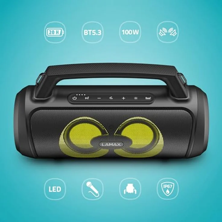 Lamax PartyGo1 Bluetooth-Partylautsprecher mit 100 W Leistung, LED-Hintergrundbeleuchtung und 20 Stunden Akkulaufzeit, wasserdicht IP67, schwarz – Bild 3