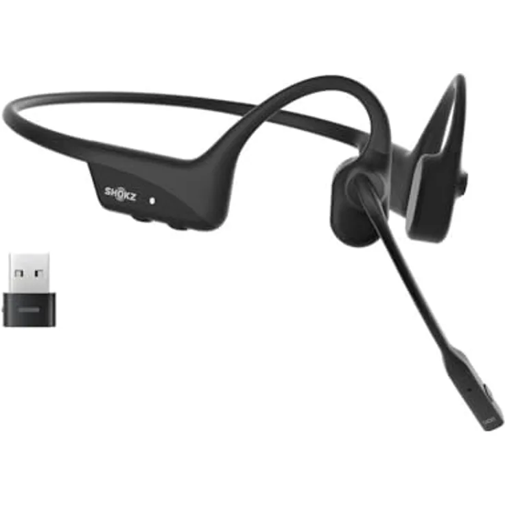 SHOKZ OpenComm2 UC, Open-Ear-Bluetooth-Headset mit Dual-Noise-Cancelling-Mikrofon, USB-A-Adapter, Zoom-zertifiziert, Schwarz