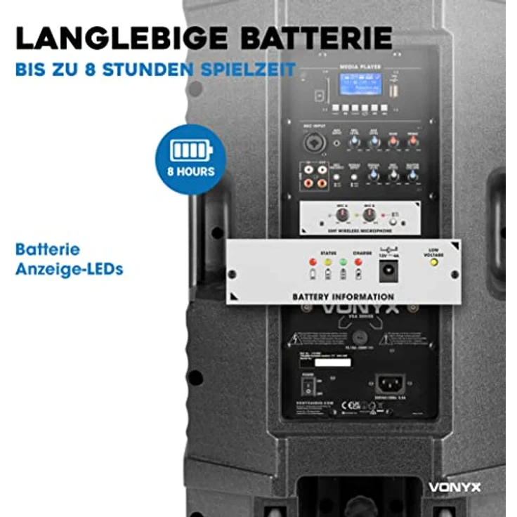 Vonyx VSA500 Tragbares Akku PA-System mit 800 W Leistung, Bluetooth 5.0, 2 UHF-Mikrofonen und 8 Stunden Akkulaufzeit – Bild 8
