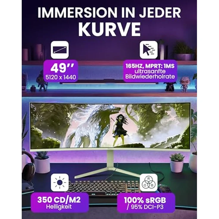 Arozzi Curved Gaming Monitor Nova 49“, VA 165Hz, Ultrawide QHD 1440p, Adaptive Sync, HDR10, 100% sRGB, flimmerfreies Display, Waldgrün – Bild 2