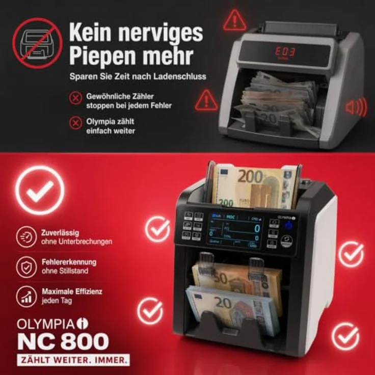 OLYMPIA Banknotenzähler NC 800, bis zu 1.000 Banknoten pro Minute, zuverlässige Falschgelderkennung mit 2 CIS-Sensoren und LED-Display – Bild 3