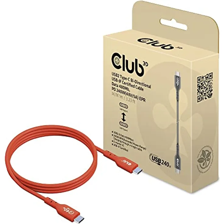 Club 3D CAC-1511 USB2 Typ-C Bi-Direktionales USB-IF zertifiziertes Kabel 480Mb, PD 240W(48V/5A) EPR St./St. 1m