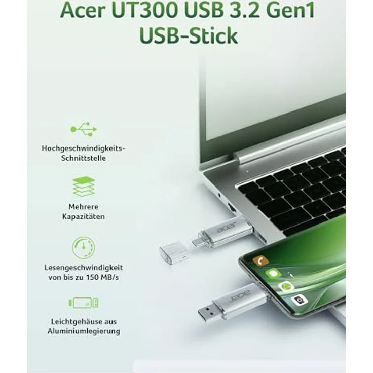 Acer USB-Stick UT300 256GB USB 3.2 Gen1, Dual-Anschluss Typ-A & Typ-C, bis zu 150 MB/s, Aluminiumgehäuse – Bild 2