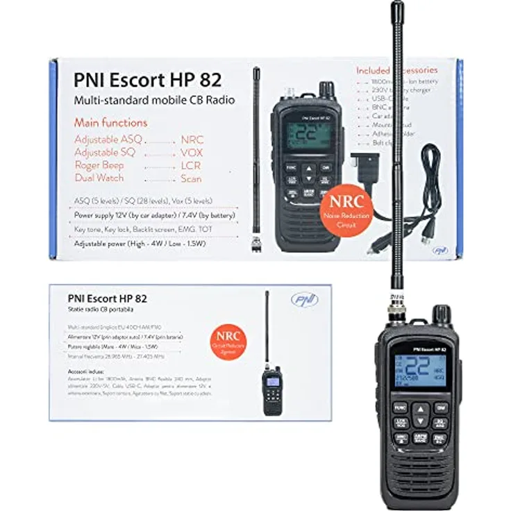PNI Escort HP 82, tragbares CB-Handfunkgerät mit 4 W Sendeleistung, 7 Standards und 1800-mAh-Akku