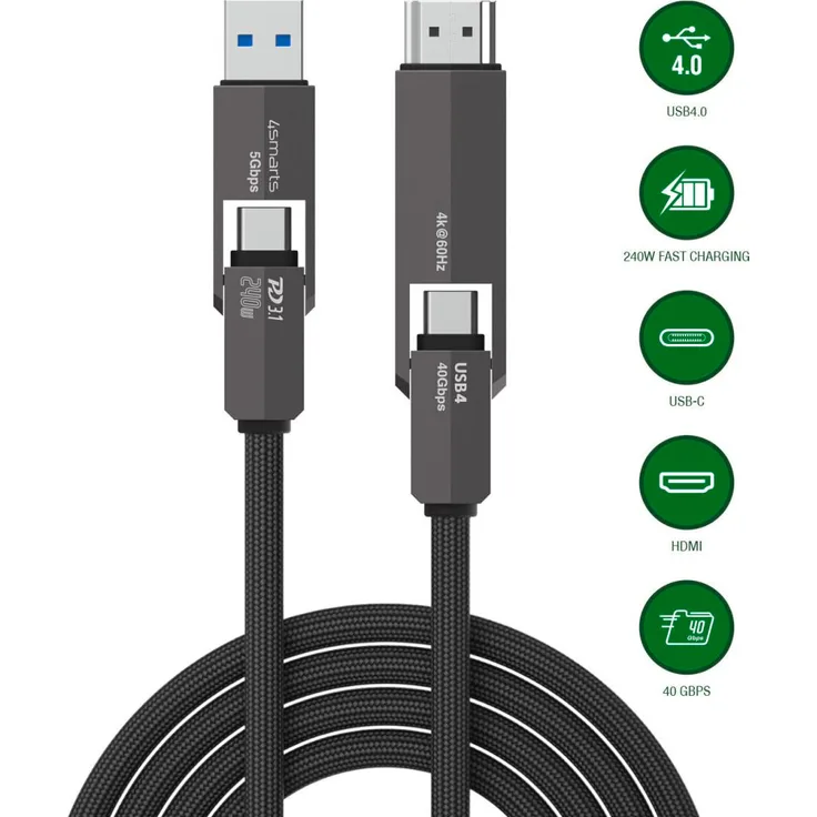 4Smarts USB4 HDMI Kabel ComboCord, 1,5 m, 4K @ 60 Hz, 40 Gbps, geflochten schwarz