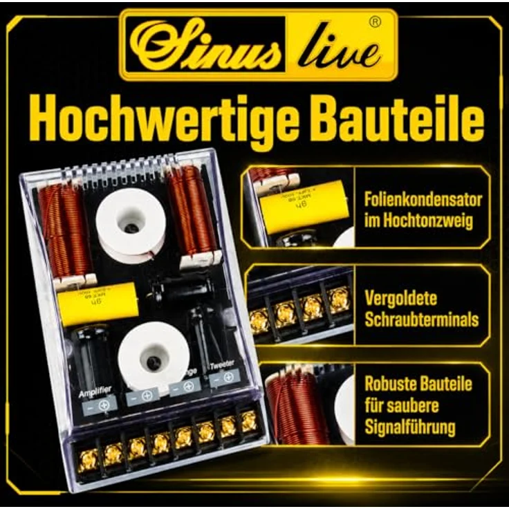 Sinuslive CR345, 3-Wege-Lautsprecher-Frequenzweiche bis 300 Watt, 4 Ohm, Übergangsfrequenzen 700/4500 Hz, kompakte Maße 128x83x38mm – Bild 6