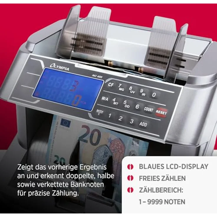 Olympia NC 455 Geldzählmaschine & Geldscheinprüfer, UV & MG Prüfung, 1000 Noten/Min, LCD Display, Autom. Start, Falschgeld Prüfer – Bild 3