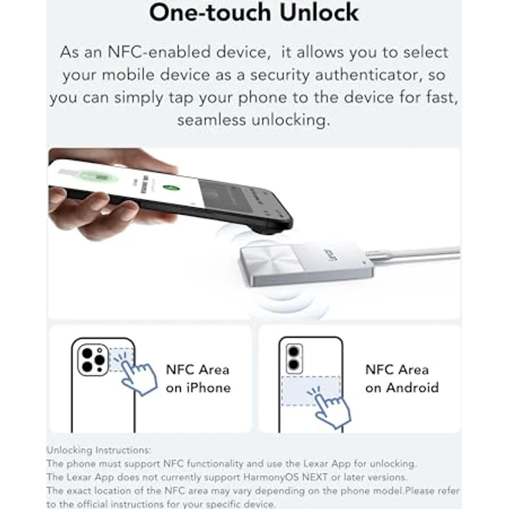 Lexar TouchLock Tragbare SSD 1TB, Externe USB 3.2 Gen2 SSD mit One-Touch-NFC-Verschlüsselung, Magnetisch, Fallschutz bis 2m, kompatibel mit iPhone 17/16, Tablet und PC – Bild 3