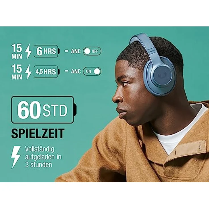 Fresh 'n Rebel Clam 2 ANC, kabellose Noise Cancelling-Kopfhörer Over-Ear, 60 Stunden Wiedergabezeit, mit Mikrofon, faltbar, Schnellladefunktion, Audioeingang, Vegane Leder Ohrmuscheln (Dive Blue) – Bild 2