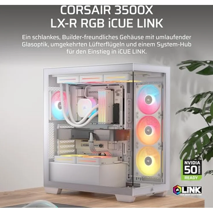 Corsair 3500X LX-R RGB iCUE LINK Mid-Tower-PC-Gehäuse, 3 x vorinstallierte LX120-R RGB-Lüfter, iCUE LINK System Hub, GPU-Anti-Sag-Arm, Platz für bis zu 10 x 120-mm-Lüfter, Weiß – Bild 2
