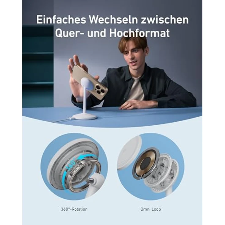 Anker MagGo Wireless Charger (15W), kabelloses Ladegerät mit integriertem Ständer und 360° Drehmechanismus, Weiss – Bild 5