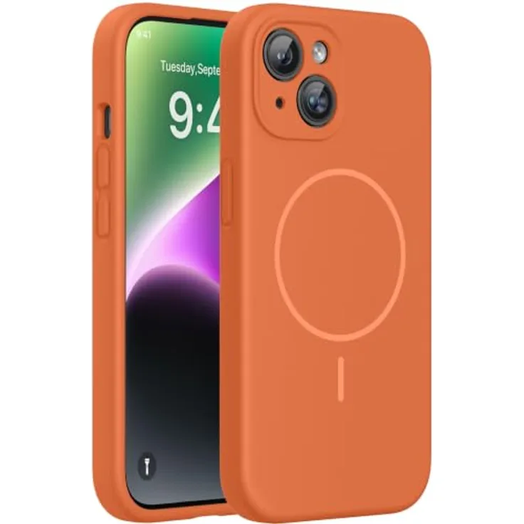 miracase Hülle für iPhone 14 mit MagSafe, stoßfeste Flüssigsilikon-Hülle mit weichem Mikrofaser-Innenfutter, Amber Orange