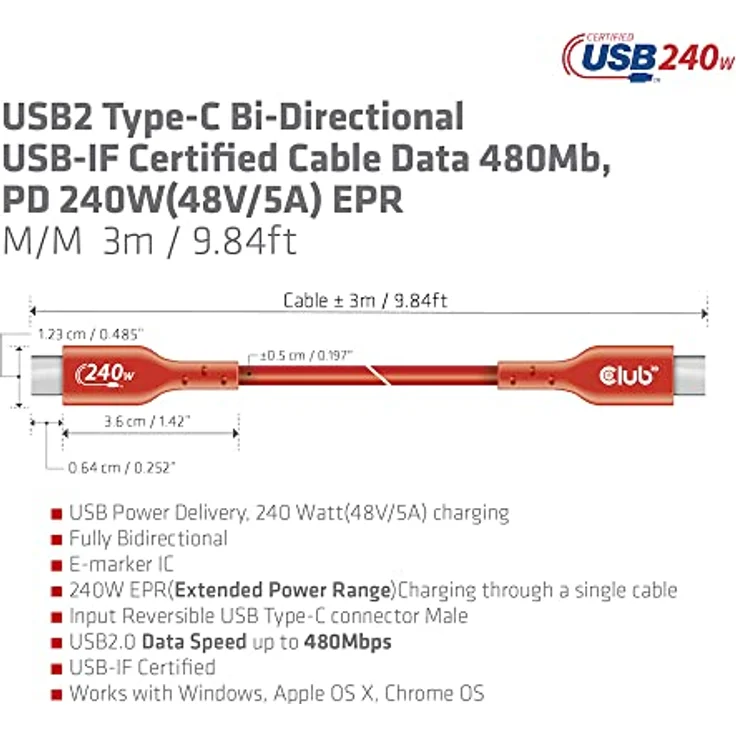 Club 3D CAC-1513 USB2 Typ-C Bi-Direktionales USB-IF zertifiziertes Kabel 480Mb, PD 240W(48V/5A) EPR St./St. 3m – Bild 3